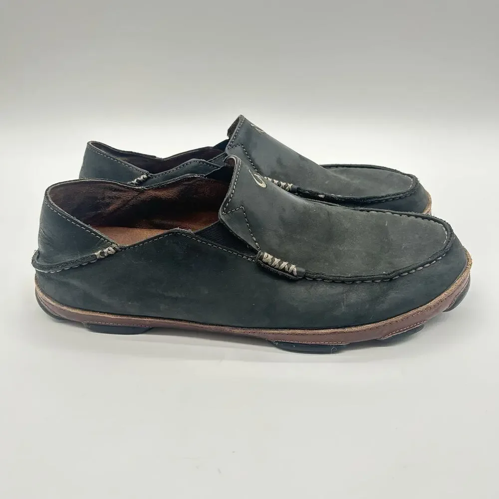 OluKai Moloa Mens 11 Black Leather Slip On Low Top Casual Comfort Loafers